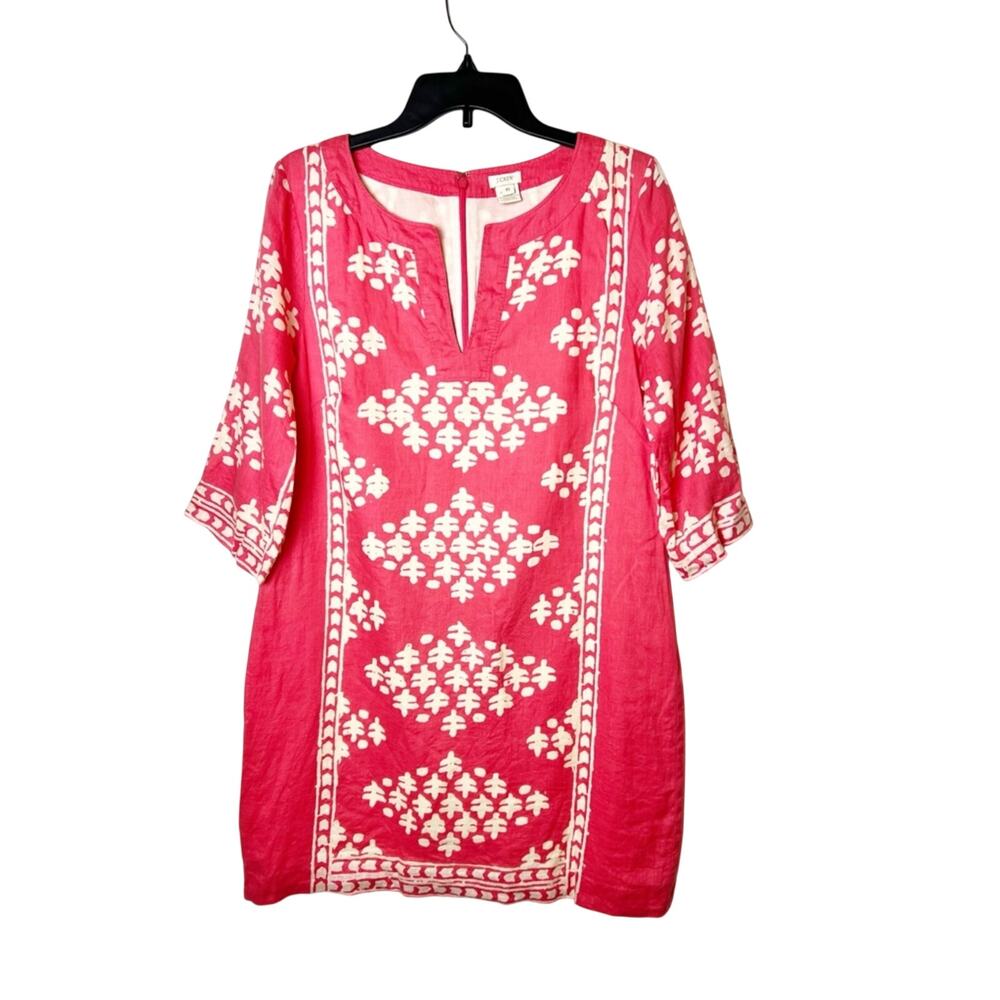 SZ 10 J. Crew Women’s Printed Coral Pink & White Linen Dress 100% Linen